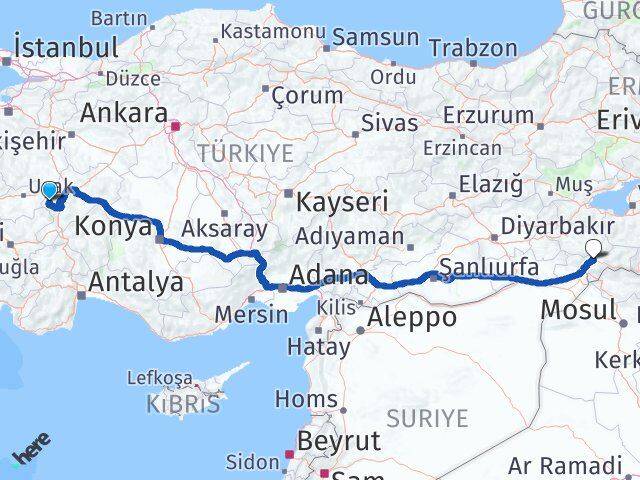 Afyonkarahisar Hocalar Şırnak Arası Kaç Km - Yol Haritası