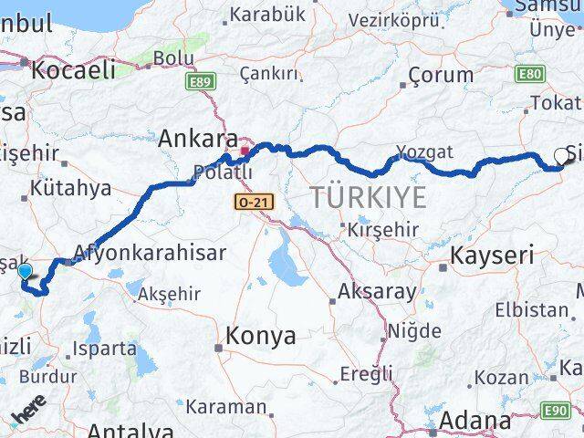 Afyonkarahisar Hocalar Sivas Arası Kaç Km - Yol Haritası