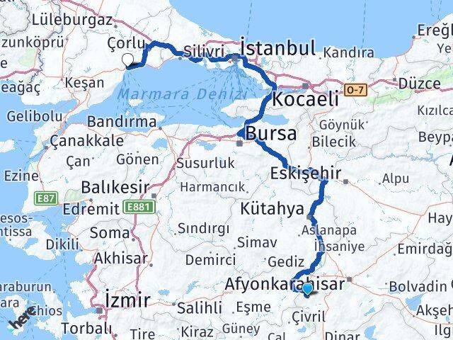 Afyonkarahisar Hocalar Tekirdağ Arası Kaç Km - Yol Haritası