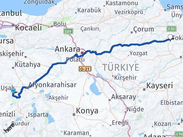 Afyonkarahisar Hocalar Tokat Arası Kaç Km - Yol Haritası