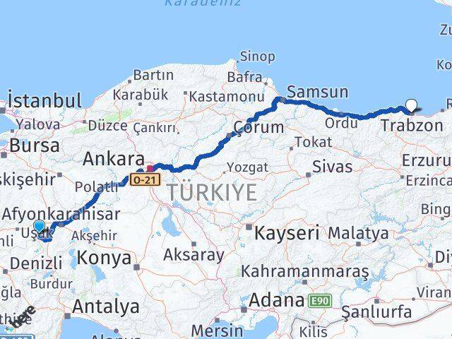 Afyonkarahisar Hocalar Trabzon Arası Kaç Km - Yol Haritası