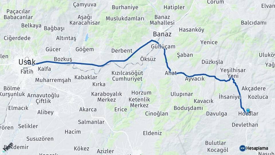 Afyonkarahisar Hocalar Uşak Arası Kaç Km - Yol Haritası