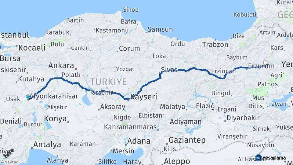 Afyonkarahisar Horasan Erzurum Arası Kaç Km - Yol Haritası