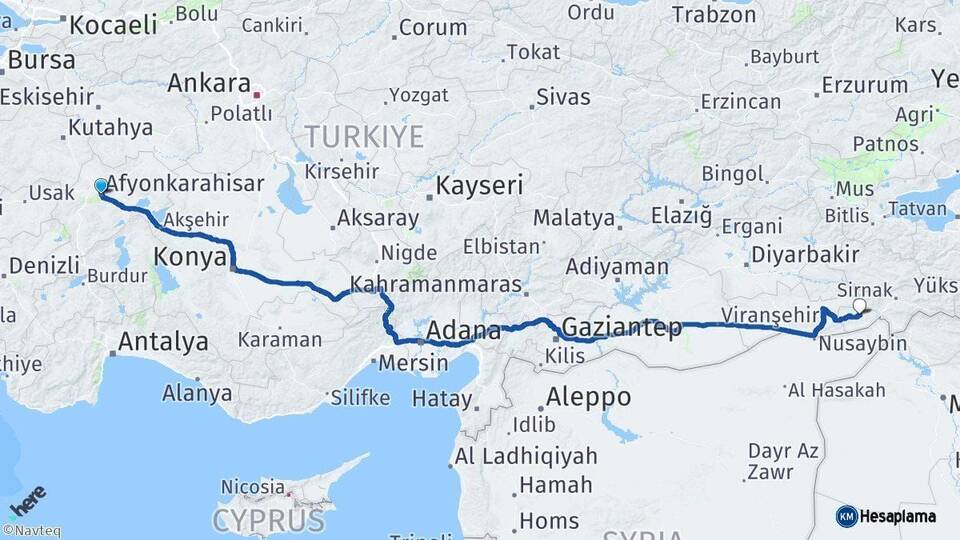 Afyonkarahisar İdil Şırnak Arası Kaç Km - Yol Haritası