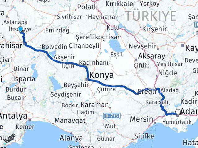 Afyonkarahisar İhsaniye Adana Arası Kaç Km - Yol Haritası