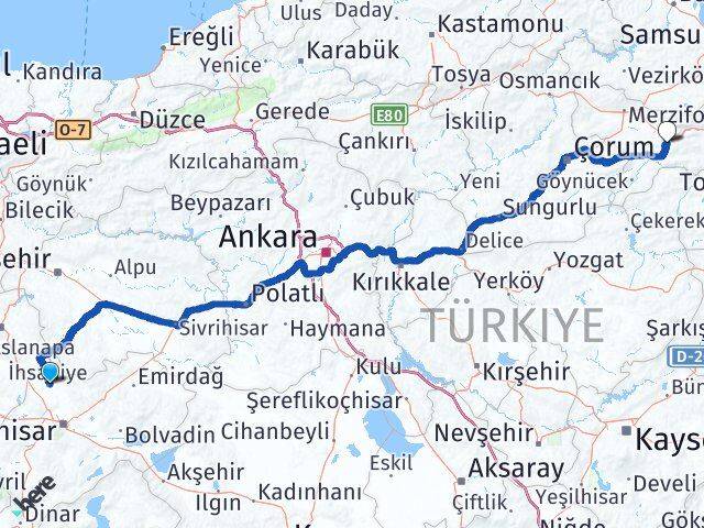 Afyonkarahisar İhsaniye Amasya Arası Kaç Km - Yol Haritası