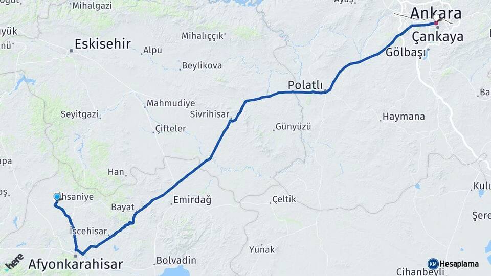Afyonkarahisar İhsaniye Ankara Arası Kaç Km - Yol Haritası