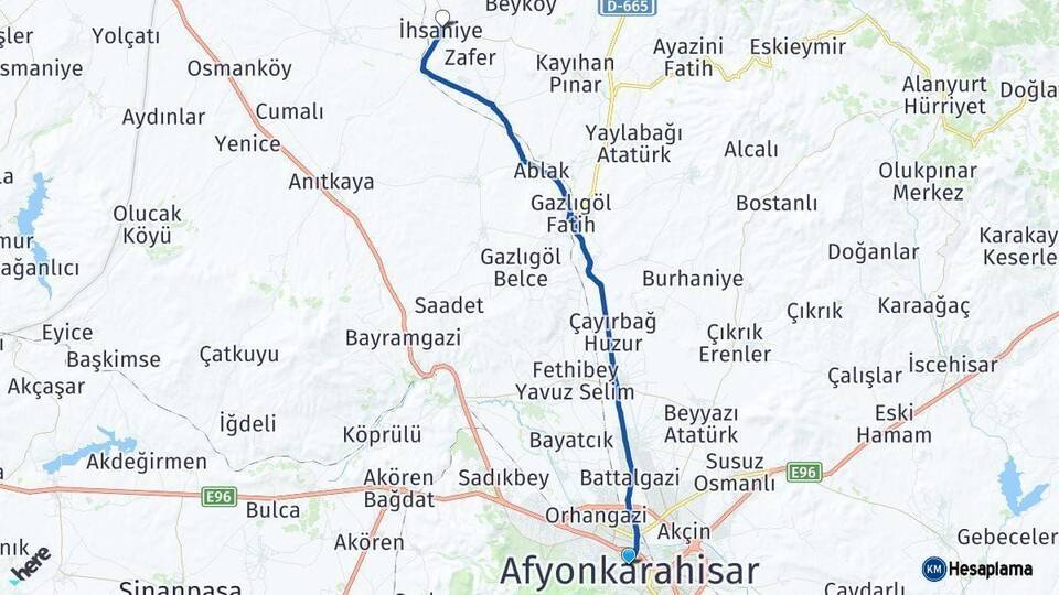 Afyonkarahisar İhsaniye Arası Kaç Km - Yol Haritası