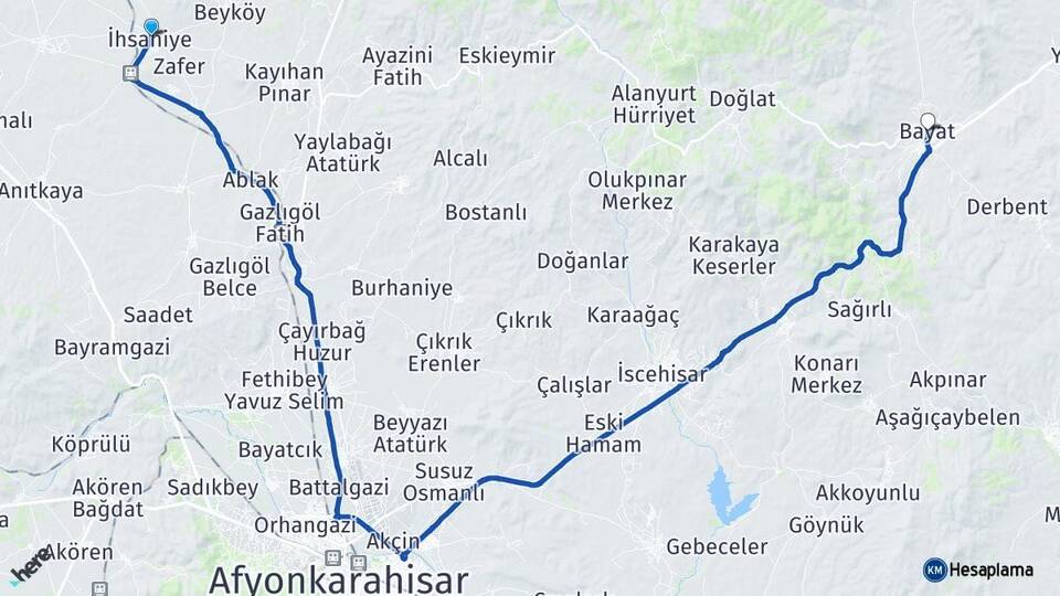 Afyonkarahisar İhsaniye Bayat Arası Kaç Km - Yol Haritası