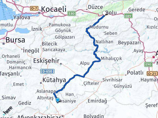 Afyonkarahisar İhsaniye Bolu Arası Kaç Km - Yol Haritası