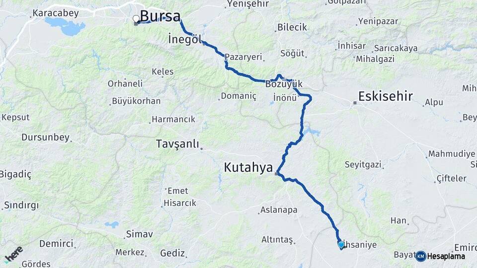 Afyonkarahisar İhsaniye Bursa Arası Kaç Km - Yol Haritası