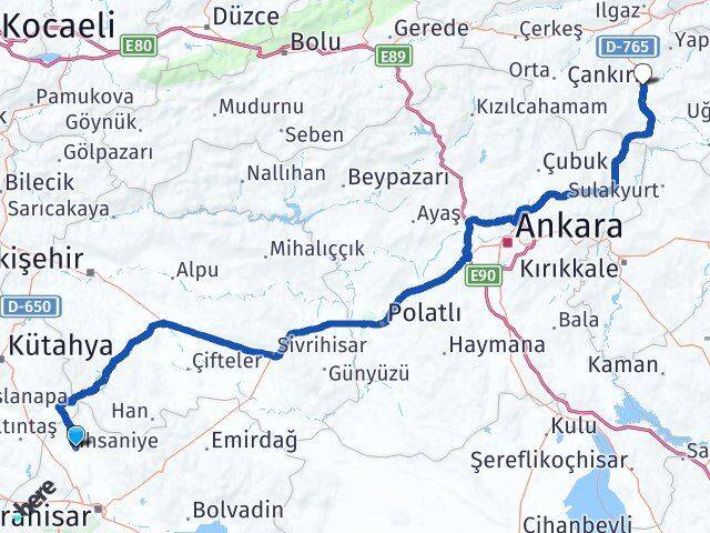 Afyonkarahisar İhsaniye Çankırı Arası Kaç Km - Yol Haritası