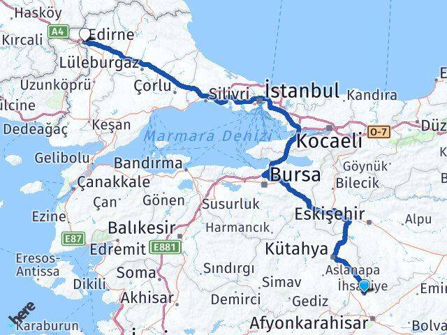 Afyonkarahisar İhsaniye Edirne Arası Kaç Km - Yol Haritası