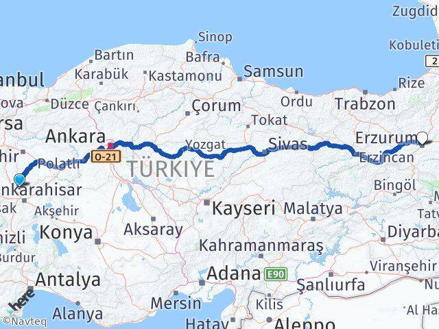 Afyonkarahisar İhsaniye Erzurum Arası Kaç Km - Yol Haritası