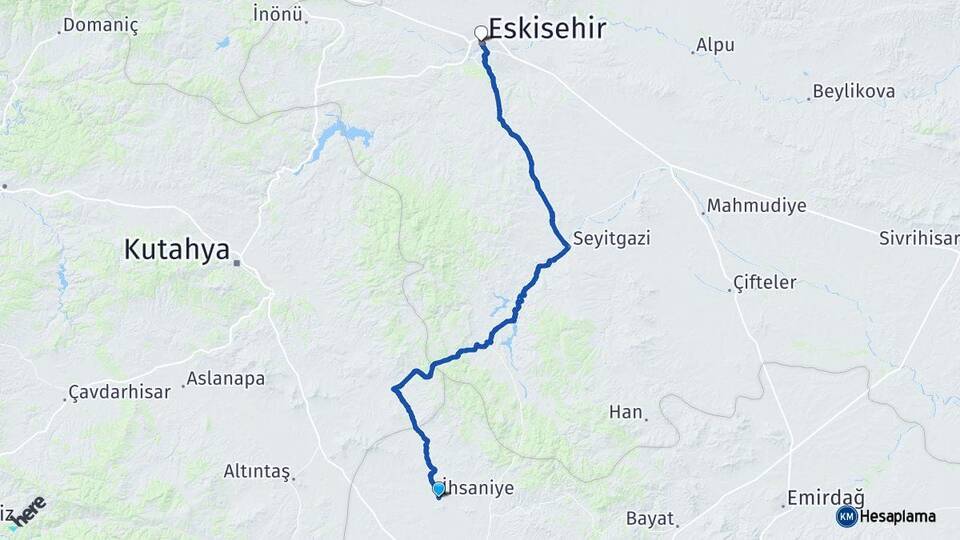 Afyonkarahisar İhsaniye Eskişehir Arası Kaç Km - Yol Haritası