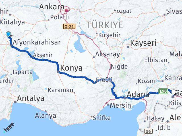 Afyonkarahisar İhsaniye Gaziantep Arası Kaç Km - Yol Haritası