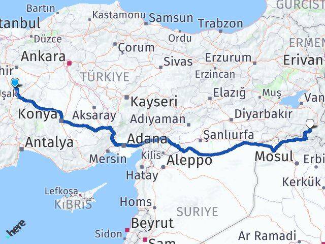 Afyonkarahisar İhsaniye Hakkari Arası Kaç Km - Yol Haritası