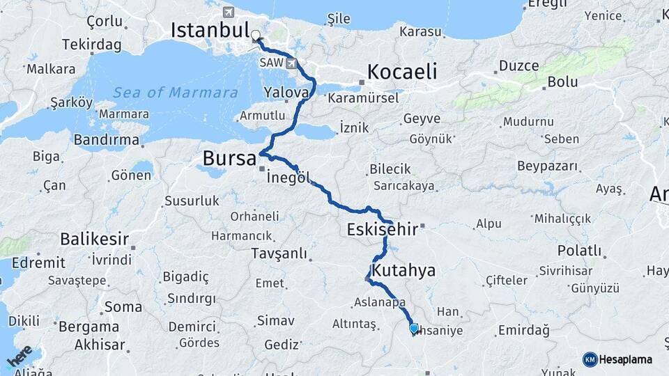 Afyonkarahisar İhsaniye İstanbul Arası Kaç Km - Yol Haritası