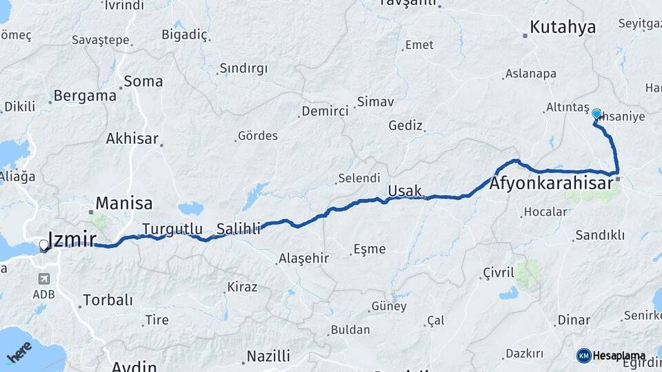 Afyonkarahisar İhsaniye İzmir Arası Kaç Km - Yol Haritası