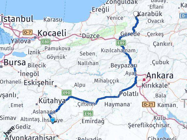 Afyonkarahisar İhsaniye Karabük Arası Kaç Km - Yol Haritası