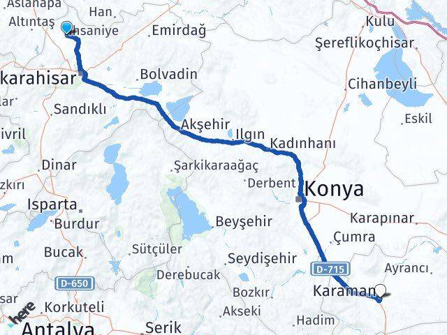 Afyonkarahisar İhsaniye Karaman Arası Kaç Km - Yol Haritası