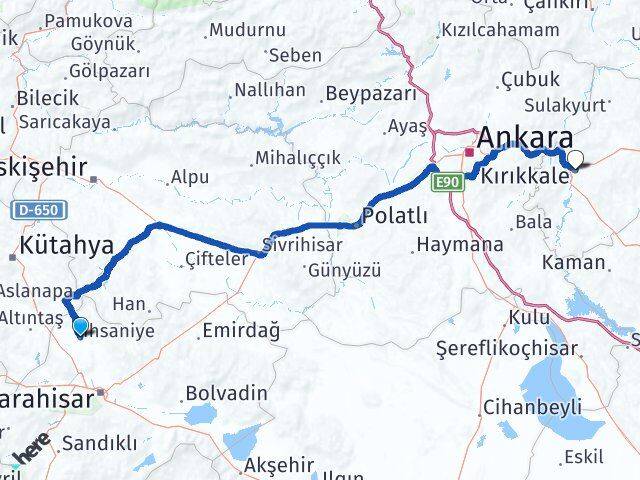Afyonkarahisar İhsaniye Kırıkkale Arası Kaç Km - Yol Haritası