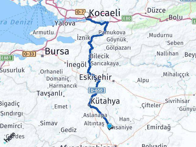 Afyonkarahisar İhsaniye Kocaeli Arası Kaç Km - Yol Haritası