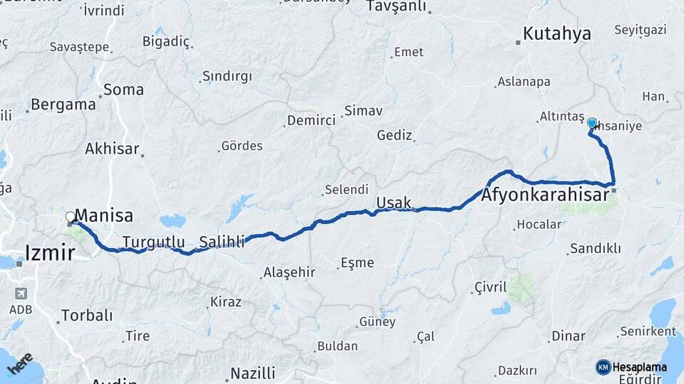 Afyonkarahisar İhsaniye Manisa Arası Kaç Km - Yol Haritası