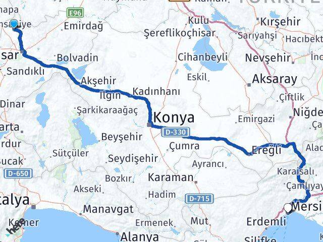 Afyonkarahisar İhsaniye Mersin Arası Kaç Km - Yol Haritası
