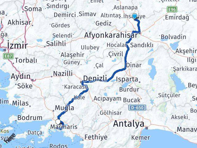 Afyonkarahisar İhsaniye Muğla Arası Kaç Km - Yol Haritası