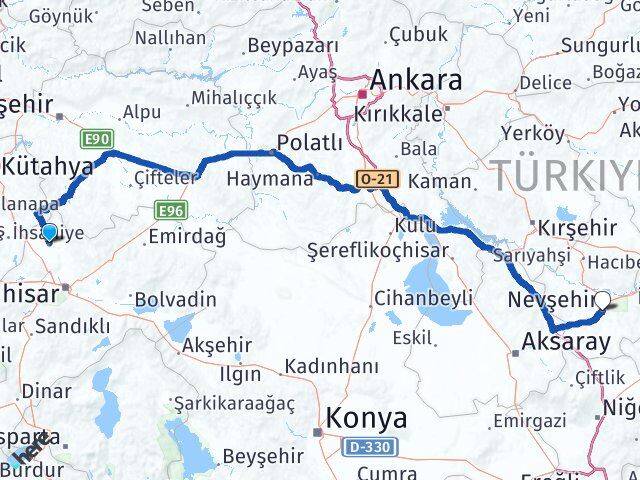 Afyonkarahisar İhsaniye Nevşehir Arası Kaç Km - Yol Haritası
