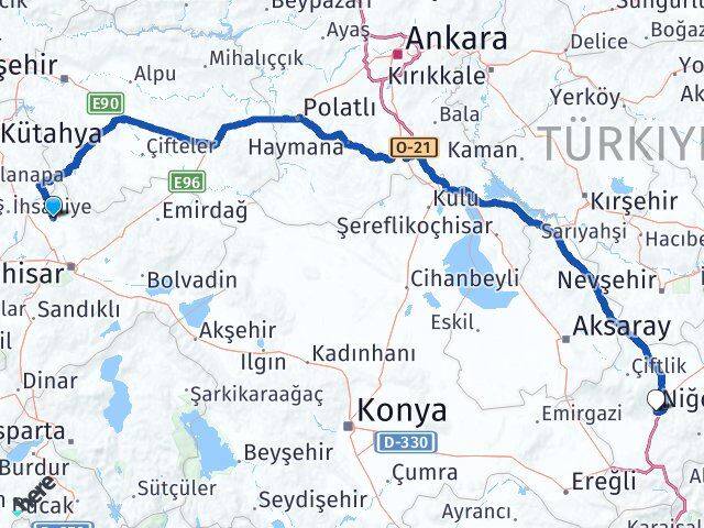 Afyonkarahisar İhsaniye Niğde Arası Kaç Km - Yol Haritası