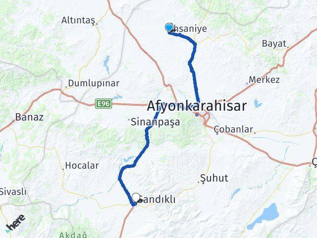 Afyonkarahisar İhsaniye Sandıklı Arası Kaç Km - Yol Haritası