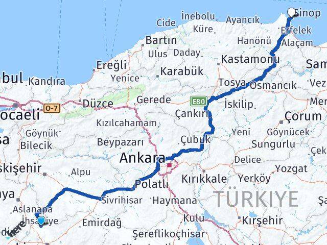 Afyonkarahisar İhsaniye Sinop Arası Kaç Km - Yol Haritası