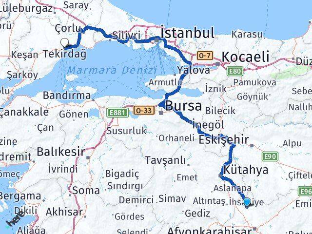Afyonkarahisar İhsaniye Tekirdağ Arası Kaç Km - Yol Haritası