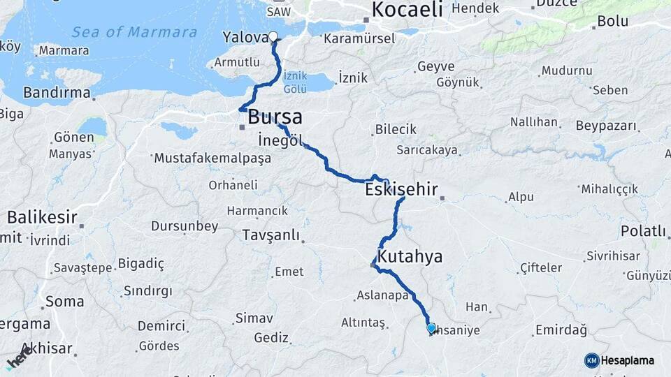 Afyonkarahisar İhsaniye Yalova Arası Kaç Km - Yol Haritası