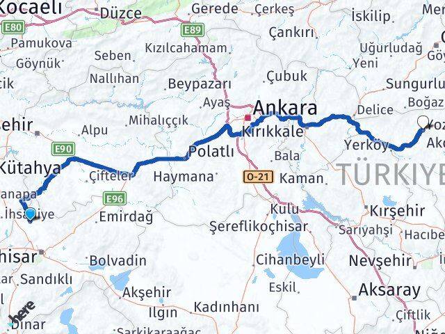 Afyonkarahisar İhsaniye Yozgat Arası Kaç Km - Yol Haritası
