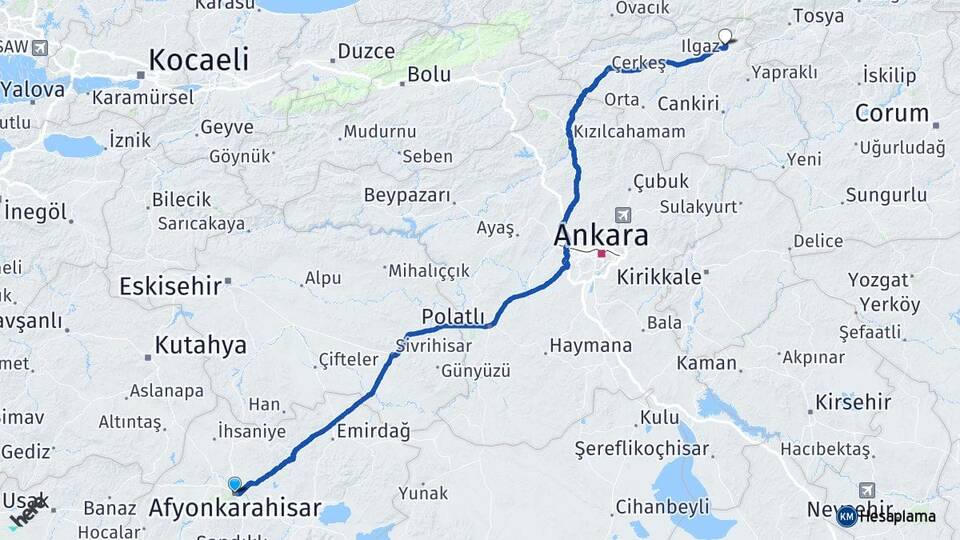 Afyonkarahisar Ilgaz Çankırı Arası Kaç Km - Yol Haritası