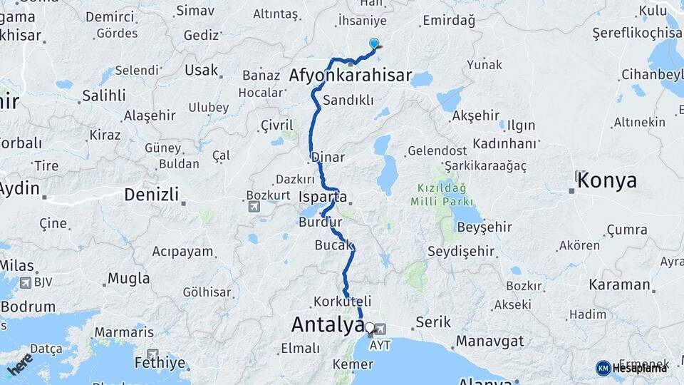 Afyonkarahisar İscehisar Antalya Arası Kaç Km - Yol Haritası