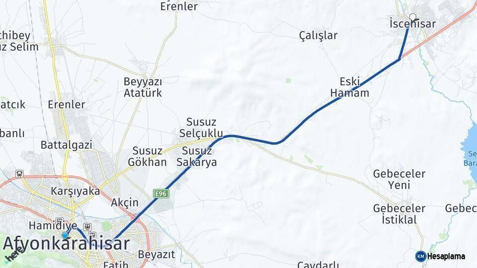 Afyonkarahisar İscehisar Arası Kaç Km - Yol Haritası