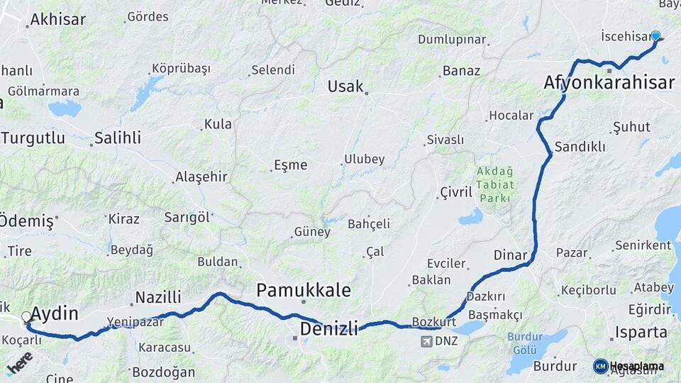 Afyonkarahisar İscehisar Aydın Arası Kaç Km - Yol Haritası