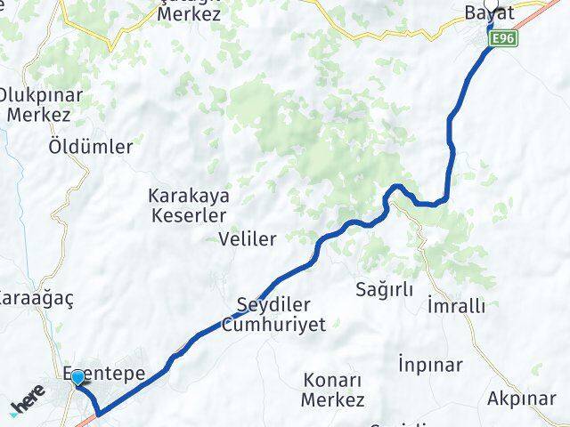 Afyonkarahisar İscehisar Bayat Arası Kaç Km - Yol Haritası