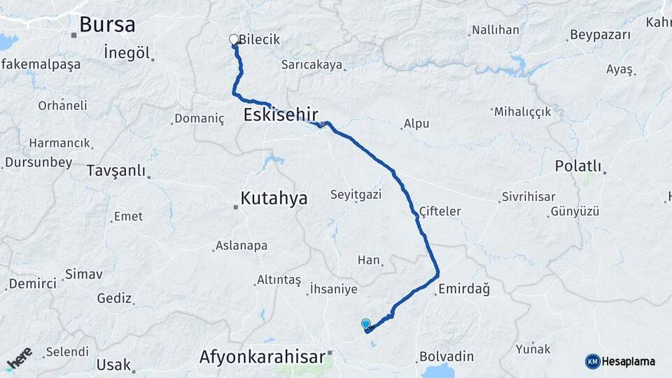 Afyonkarahisar İscehisar Bilecik Arası Kaç Km - Yol Haritası