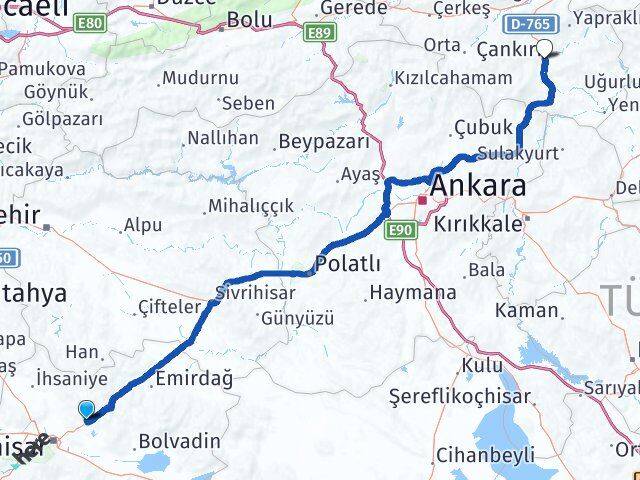 Afyonkarahisar İscehisar Çankırı Arası Kaç Km - Yol Haritası