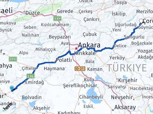 Afyonkarahisar İscehisar Çorum Arası Kaç Km - Yol Haritası