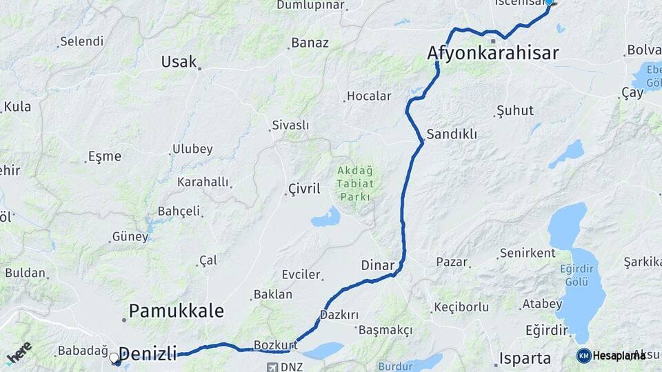 Afyonkarahisar İscehisar Denizli Arası Kaç Km - Yol Haritası