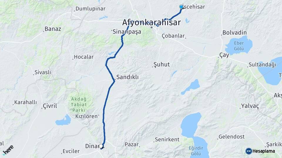 Afyonkarahisar İscehisar Dinar Arası Kaç Km - Yol Haritası