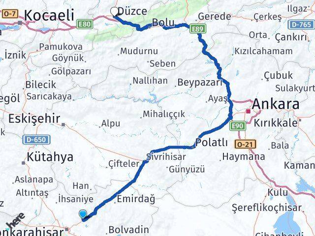 Afyonkarahisar İscehisar Düzce Arası Kaç Km - Yol Haritası