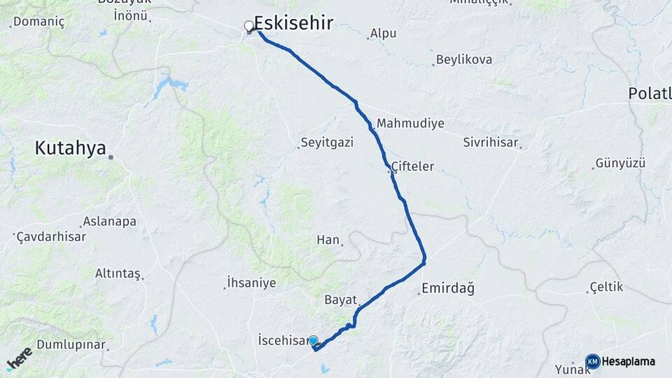 Afyonkarahisar İscehisar Eskişehir Arası Kaç Km - Yol Haritası