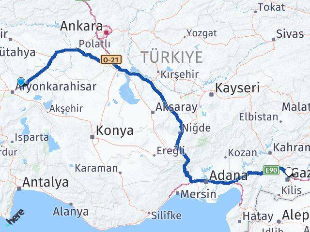 Afyonkarahisar İscehisar Gaziantep Arası Kaç Km - Yol Haritası